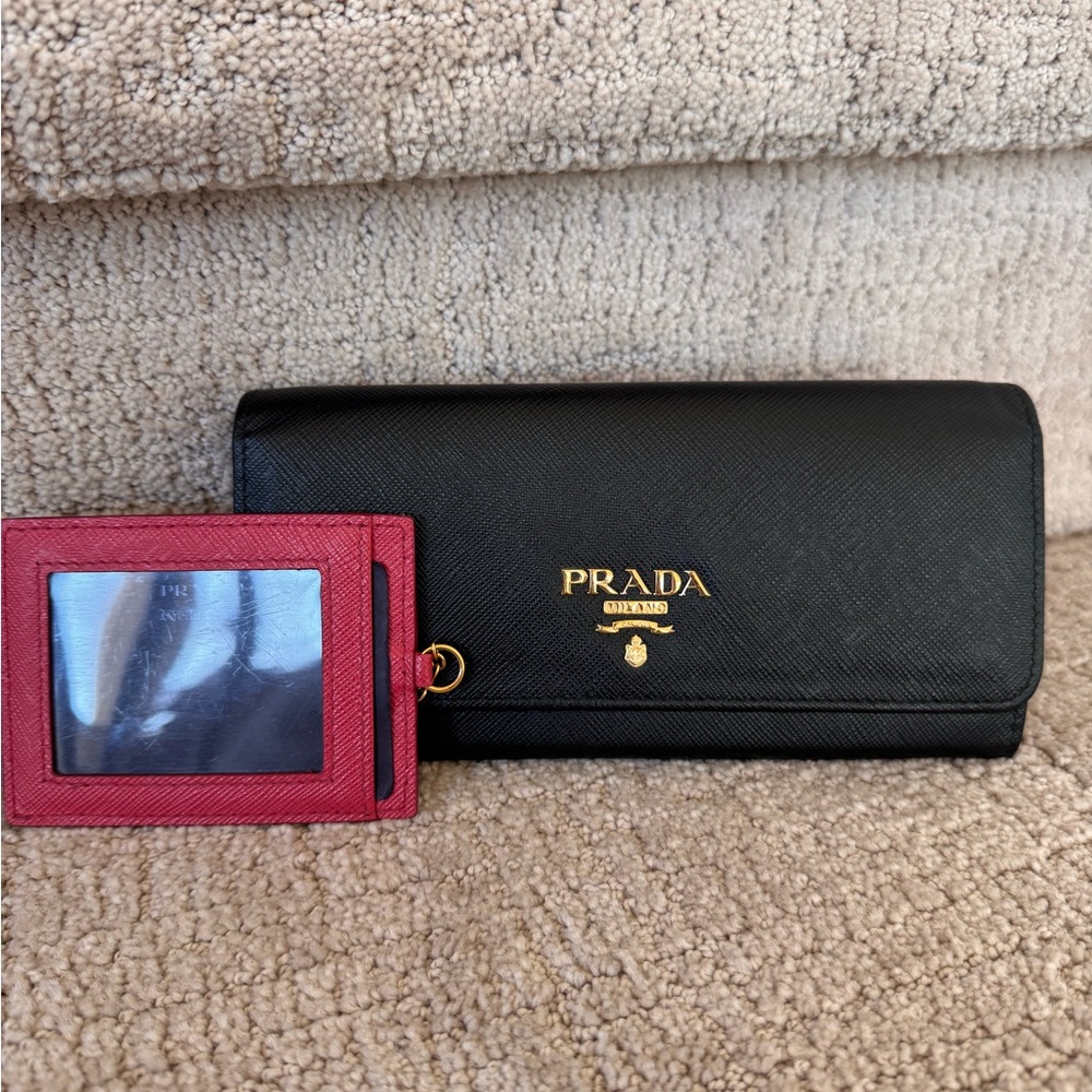 Prada Black and Pink Saffiano Leather Wallet with Pink ID Card Holder